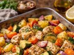 Vistas fileja ar ceptiem dārzeņiem krāsnī